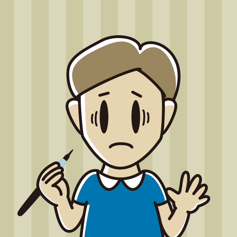 筆ペンを持って困る男性のイラスト【色、背景あり】PNG