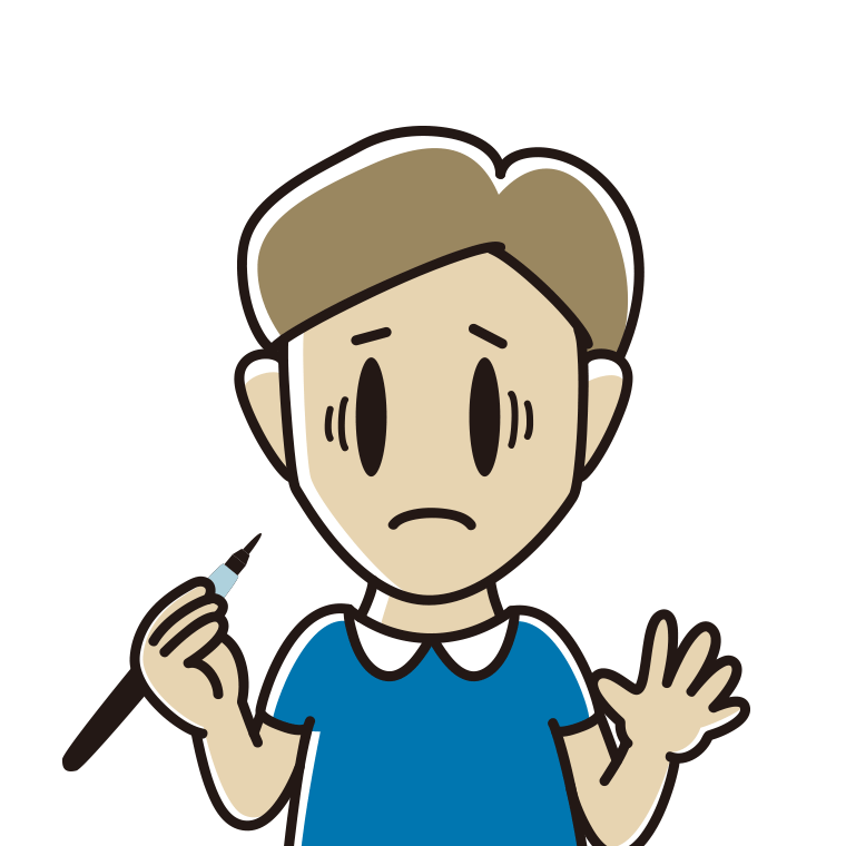 筆ペンを持って困る男性のイラスト【色あり、背景なし】透過PNG