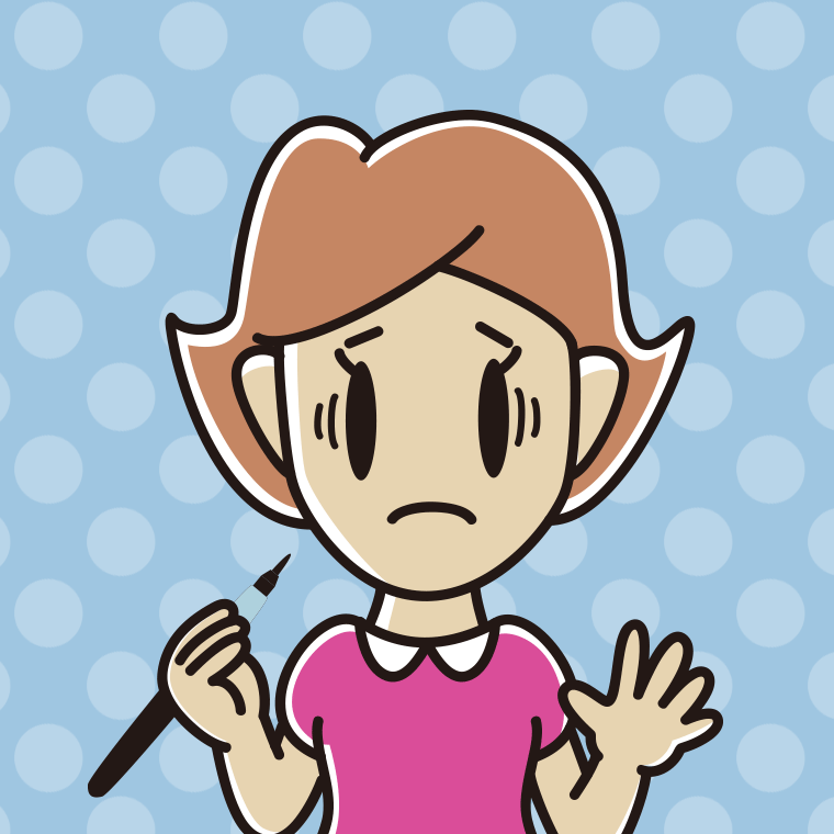 筆ペンを持って困る女性のイラスト【色、背景あり】PNG