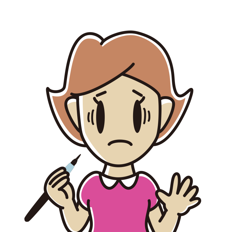 筆ペンを持って困る女性のイラスト【色あり、背景なし】透過PNG