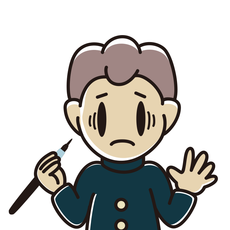 筆ペンを持って困る男子中学生のイラスト【色あり、背景なし】透過PNG