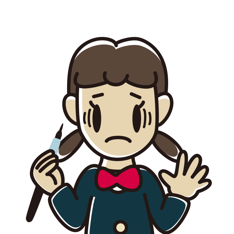 筆ペンを持って困る女子中学生のイラスト【色あり、背景なし】透過PNG