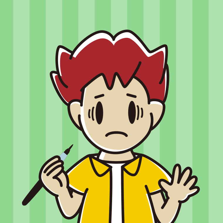 筆ペンを持って困る男子大学生のイラスト【色、背景あり】PNG