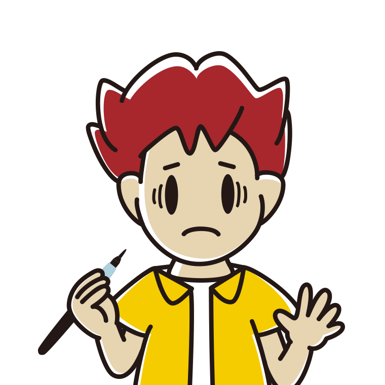 筆ペンを持って困る男子大学生のイラスト【色あり、背景なし】透過PNG