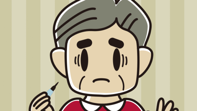 筆ペンを持って困るおじさんのイラスト【色、背景あり】PNG