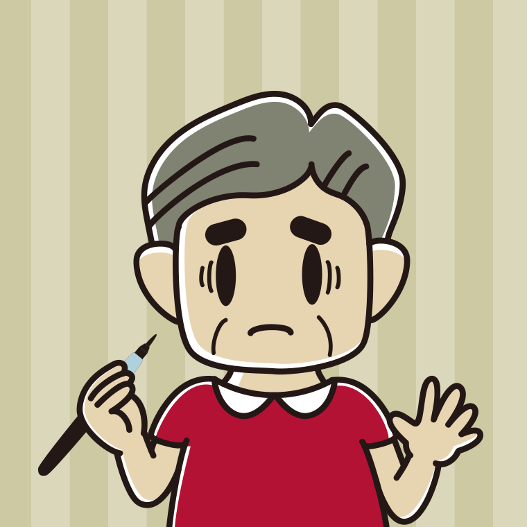 筆ペンを持って困るおじさんのイラスト【色、背景あり】PNG