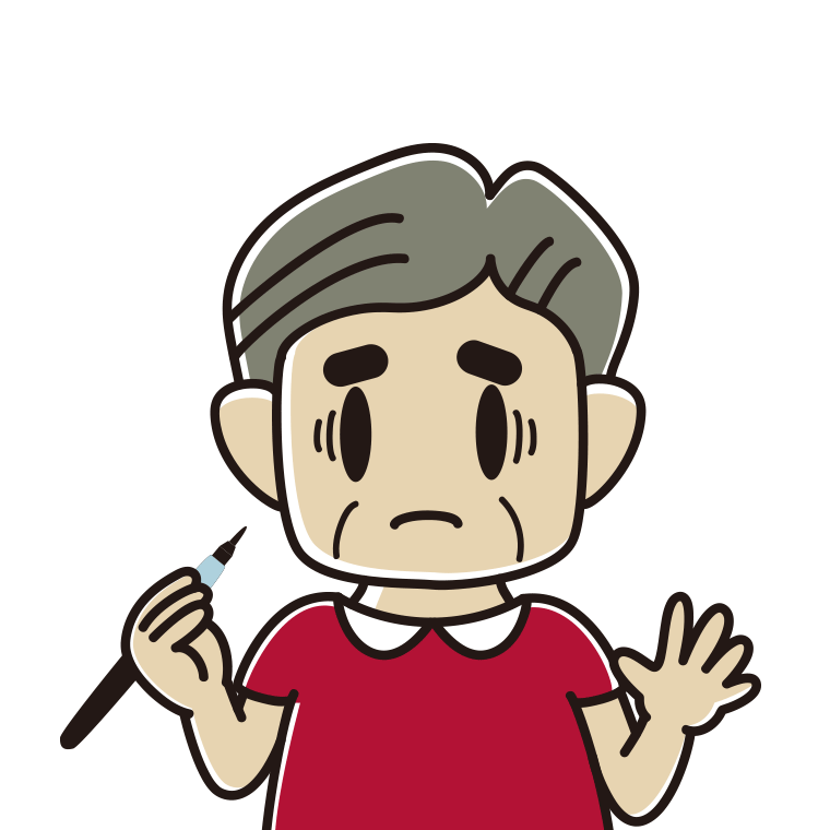 筆ペンを持って困るおじさんのイラスト【色あり、背景なし】透過PNG