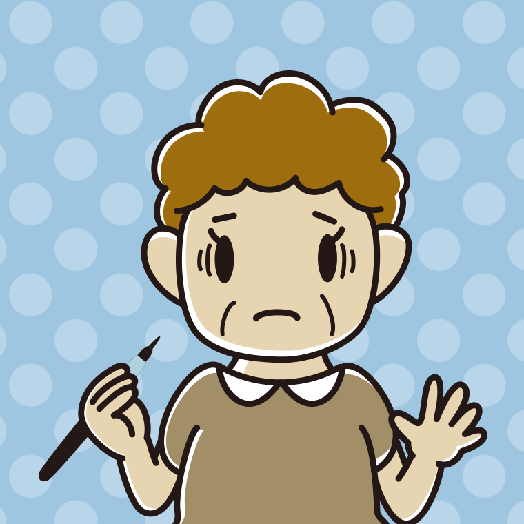 筆ペンを持って困るおばさんのイラスト【色、背景あり】PNG