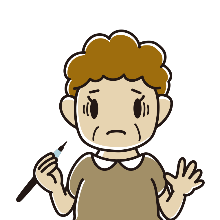 筆ペンを持って困るおばさんのイラスト【色あり、背景なし】透過PNG