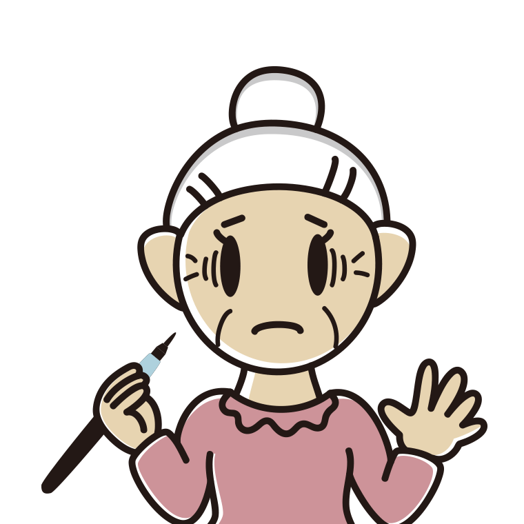 筆ペンを持って困るおばあさんのイラスト【色あり、背景なし】透過PNG