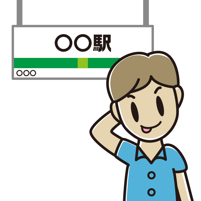 駅のホームでテヘヘな男性会社員（クールビズ）のイラスト【色あり、背景なし】透過PNG