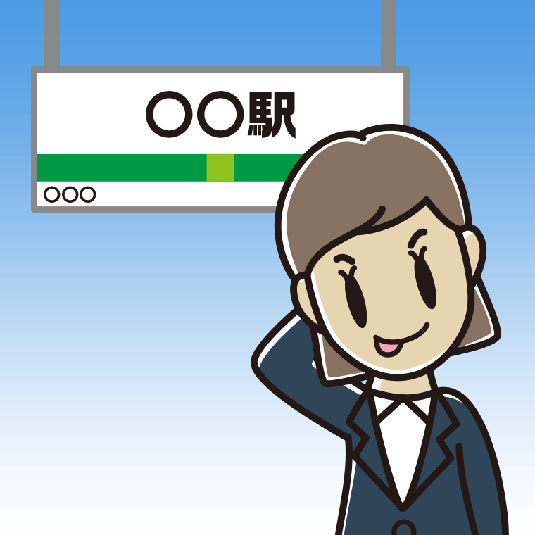 駅のホームでテヘヘな女性会社員のイラスト【色、背景あり】PNG