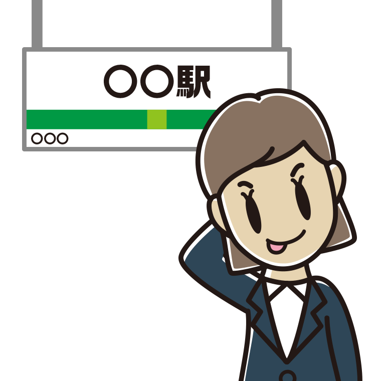 駅のホームでテヘヘな女性会社員のイラスト【色あり、背景なし】透過PNG