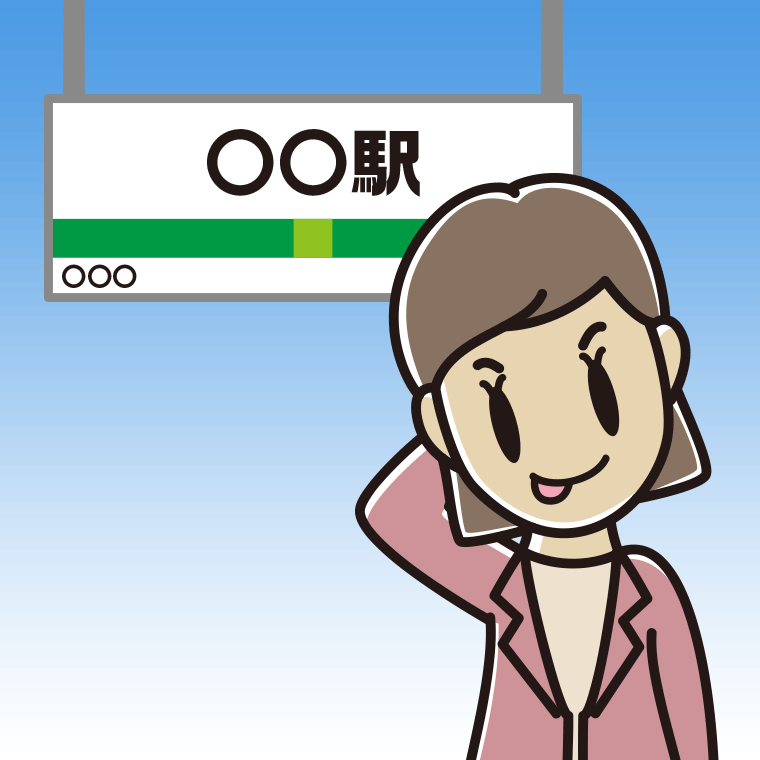 駅のホームでテヘヘな女性会社員（カジュアル）のイラスト【色、背景あり】PNG