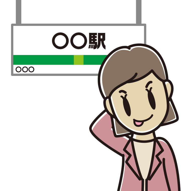 駅のホームでテヘヘな女性会社員（カジュアル）のイラスト【色あり、背景なし】透過PNG