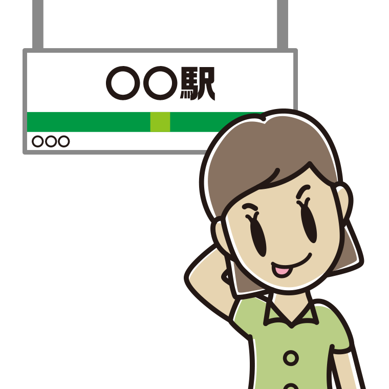 駅のホームでテヘヘな女性会社員（クールビズ）のイラスト【色あり、背景なし】透過PNG