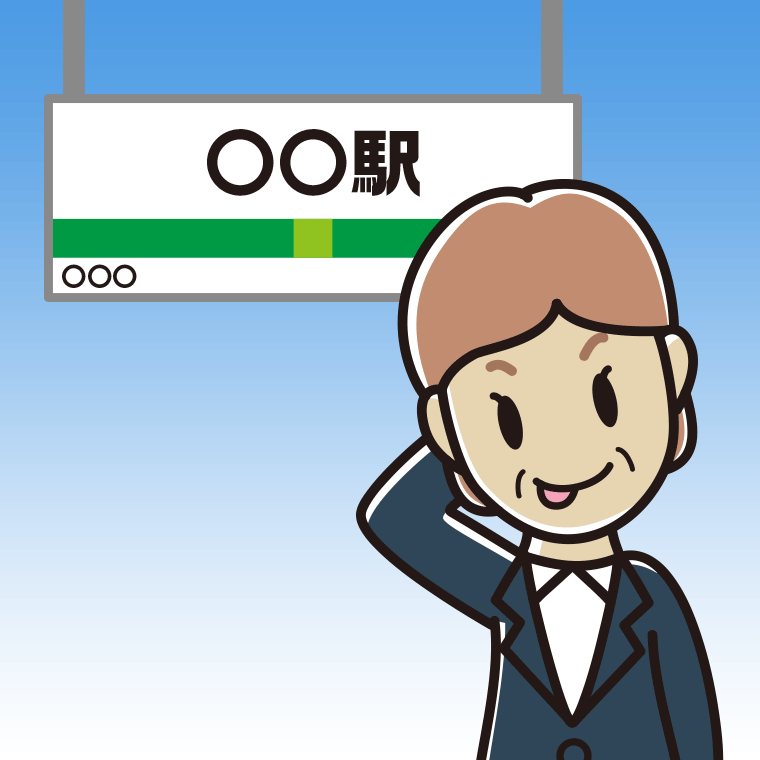 駅のホームでテヘヘな年配女性会社員のイラスト【色、背景あり】PNG