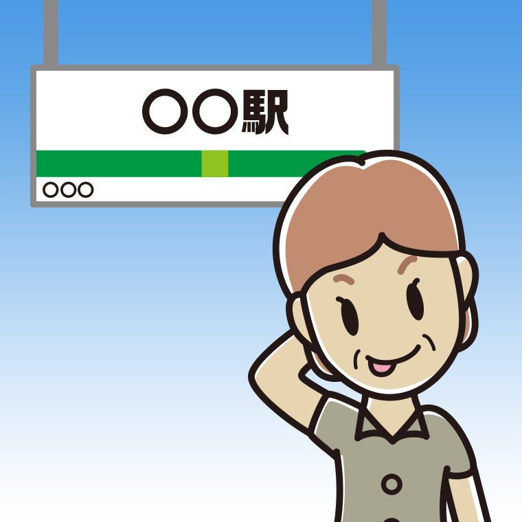 駅のホームでテヘヘな年配女性会社員（クールビズ）のイラスト【色、背景あり】PNG