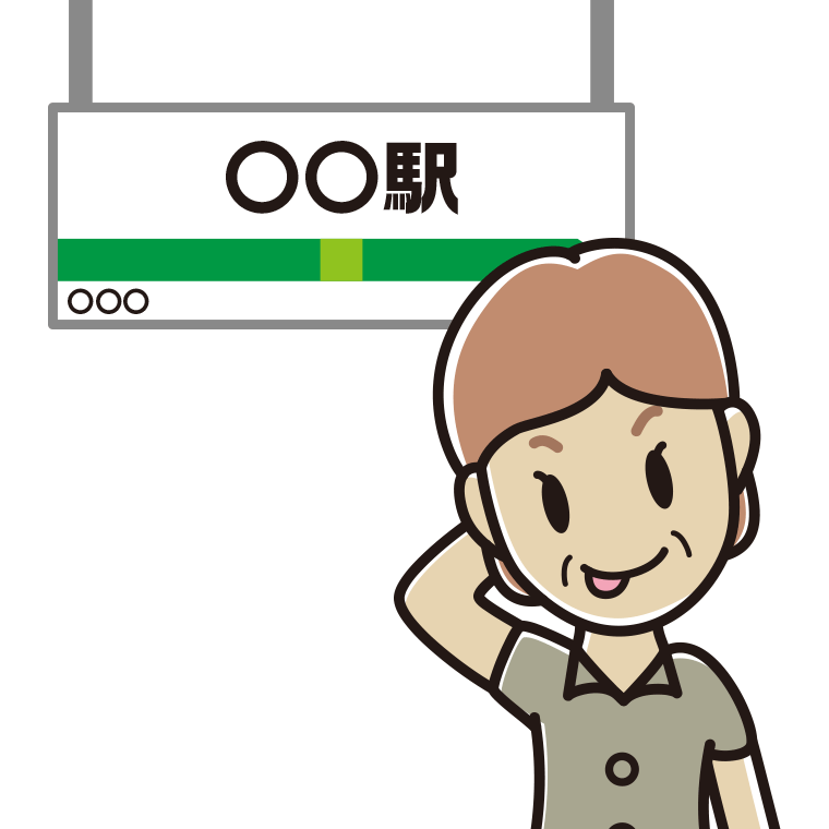 駅のホームでテヘヘな年配女性会社員（クールビズ）のイラスト【色あり、背景なし】透過PNG
