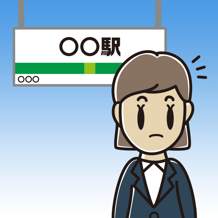 駅のホームで何かに気付く女性会社員のイラスト【色、背景あり】PNG