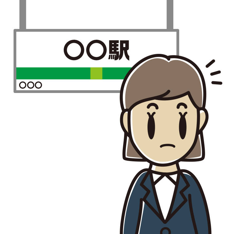 駅のホームで何かに気付く女性会社員のイラスト【色あり、背景なし】透過PNG