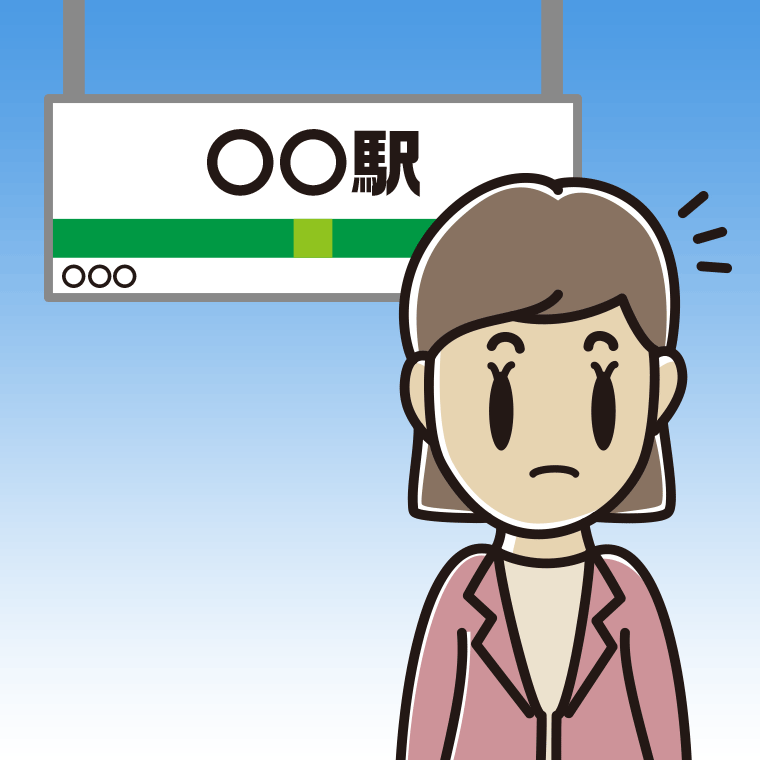 駅のホームで何かに気付く女性会社員（カジュアル）のイラスト【色、背景あり】PNG