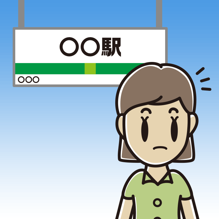 駅のホームで何かに気付く女性会社員（クールビズ）のイラスト【色、背景あり】PNG