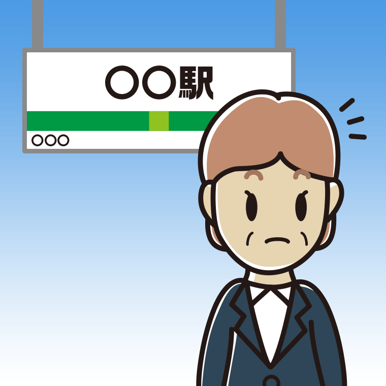 駅のホームで何かに気付く年配女性会社員のイラスト【色、背景あり】PNG