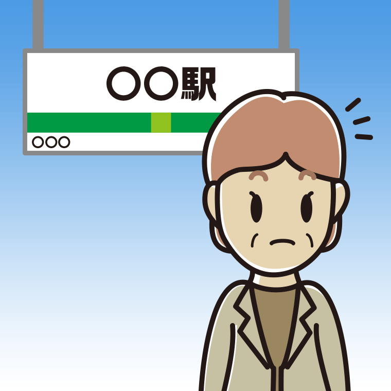 駅のホームで何かに気付く年配女性会社員（カジュアル）のイラスト【色、背景あり】PNG