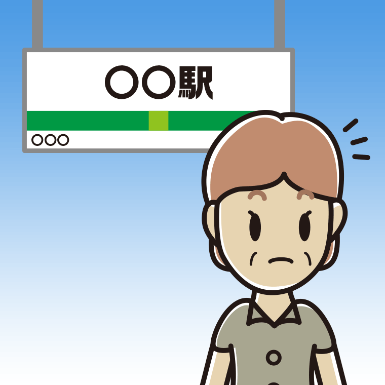 駅のホームで何かに気付く年配女性会社員（クールビズ）のイラスト【色、背景あり】PNG