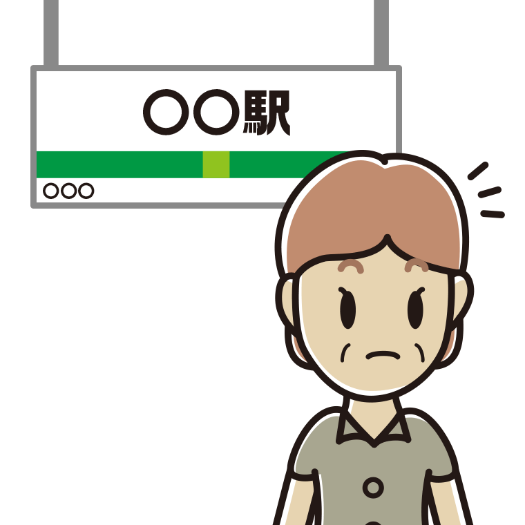 駅のホームで何かに気付く年配女性会社員（クールビズ）のイラスト【色あり、背景なし】透過PNG