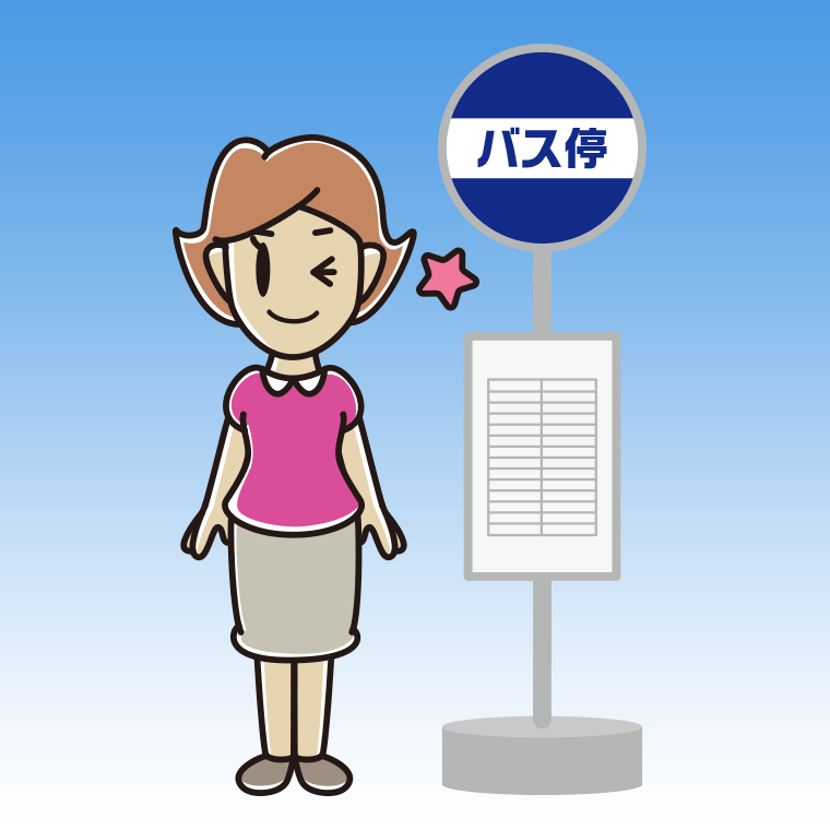 バス停でウインクする女性のイラスト【色、背景あり】PNG