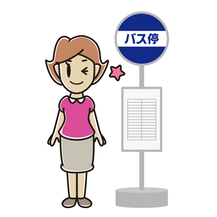 バス停でウインクする女性のイラスト【色あり、背景なし】透過PNG