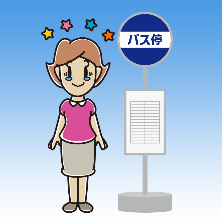 バス停でジーンとする女性のイラスト【色、背景あり】PNG