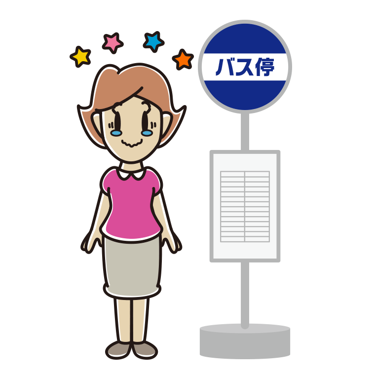 バス停でジーンとする女性のイラスト【色あり、背景なし】透過PNG