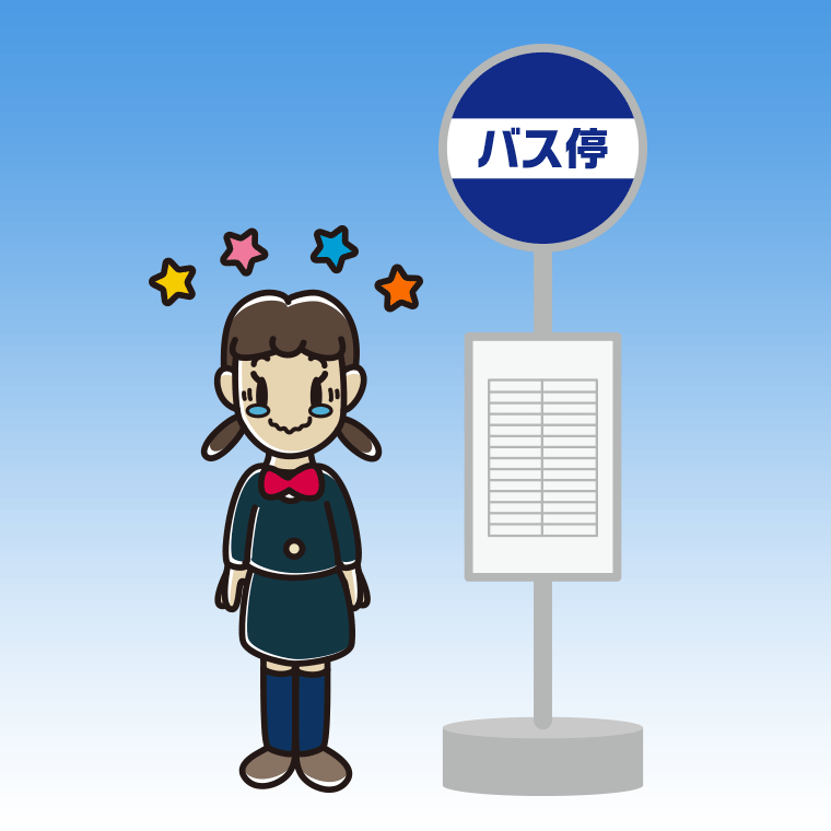 バス停でジーンとする女子中学生のイラスト【色、背景あり】PNG