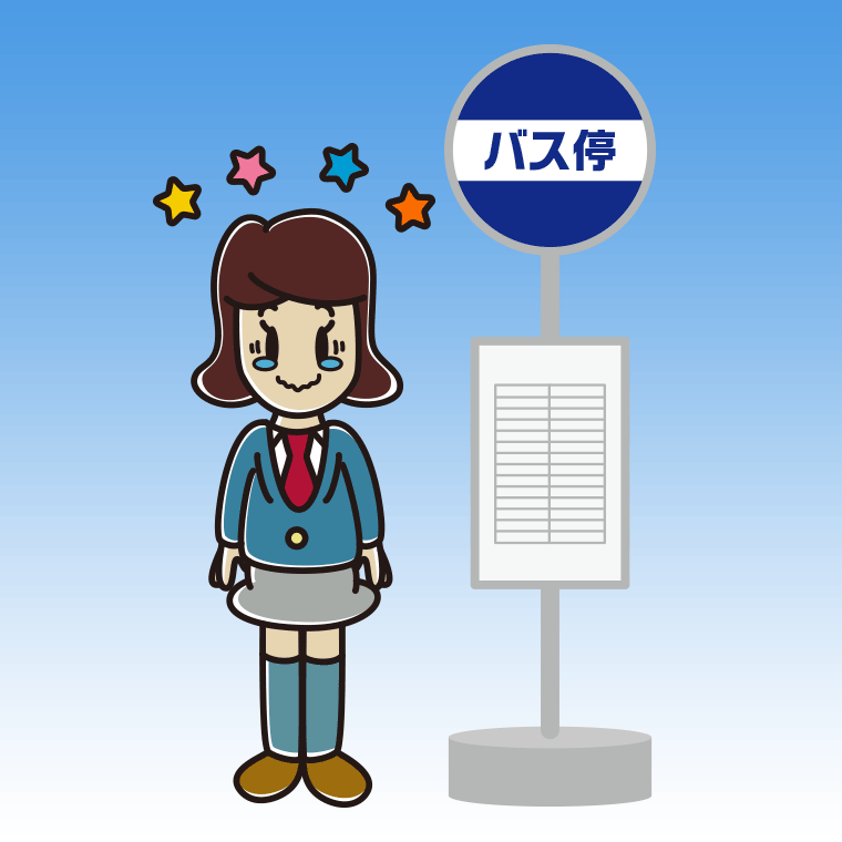 バス停でジーンとする女子高校生のイラスト【色、背景あり】PNG