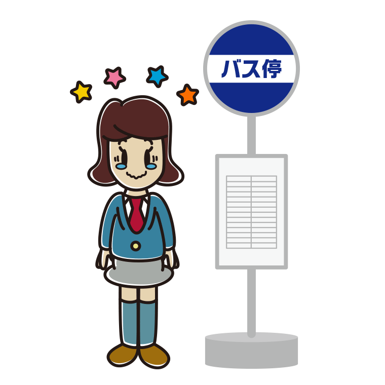 バス停でジーンとする女子高校生のイラスト【色あり、背景なし】透過PNG