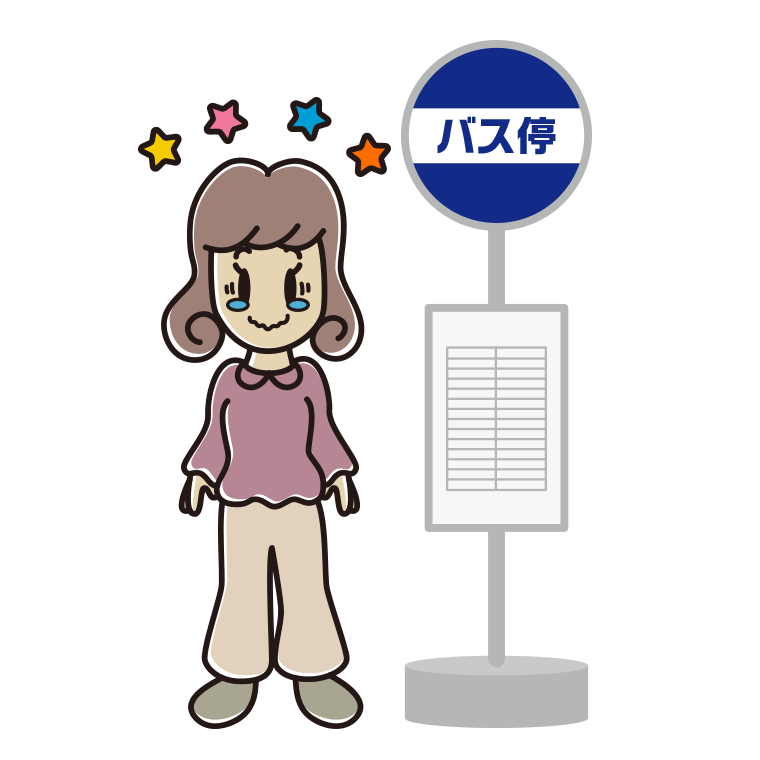 バス停でジーンとする女子大学生のイラスト【色あり、背景なし】透過PNG