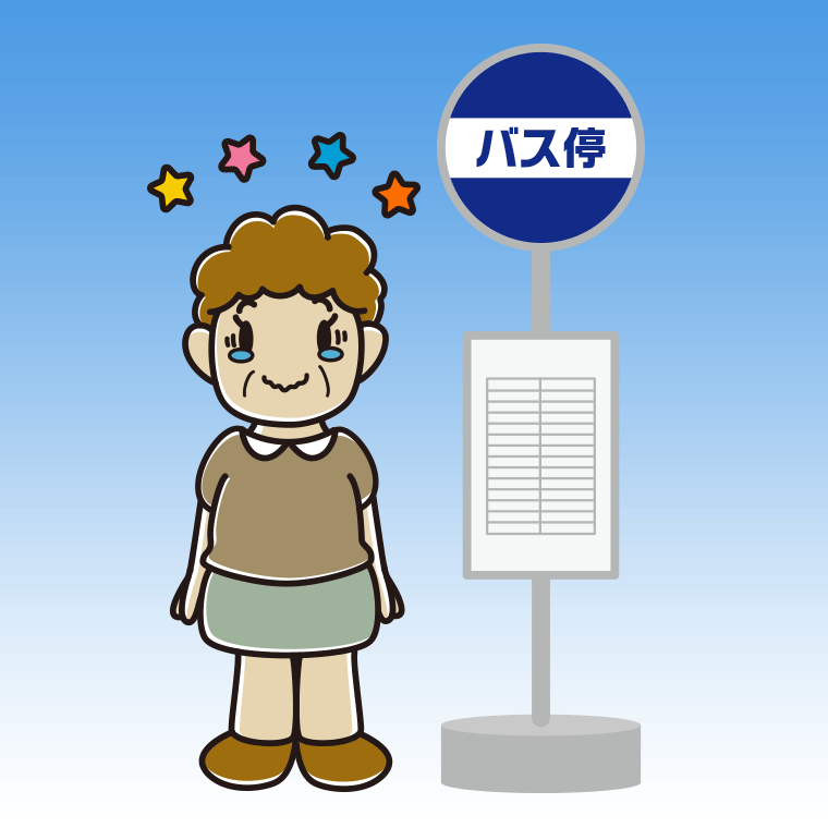 バス停でジーンとするおばさんのイラスト【色、背景あり】PNG