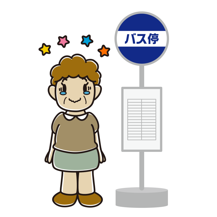 バス停でジーンとするおばさんのイラスト【色あり、背景なし】透過PNG