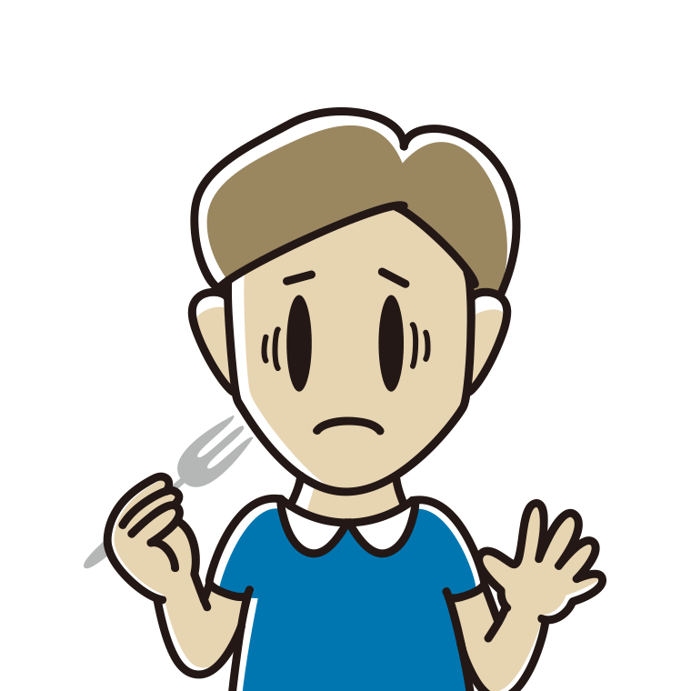 フォークで困る男性のイラスト【色あり、背景なし】透過PNG