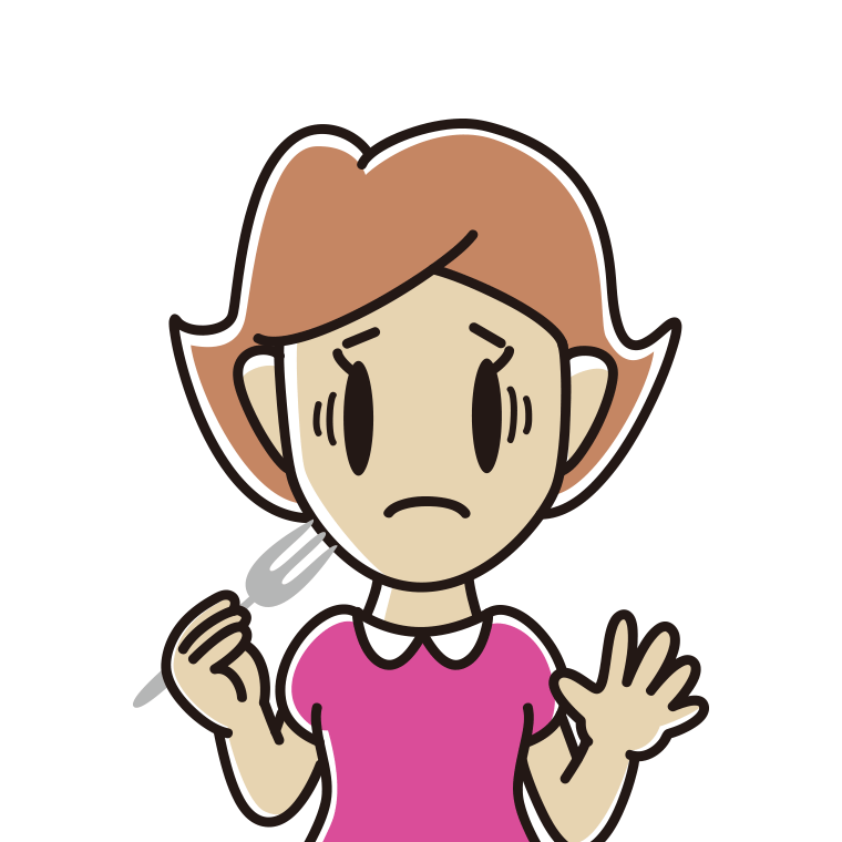 フォークで困る女性のイラスト【色あり、背景なし】透過PNG
