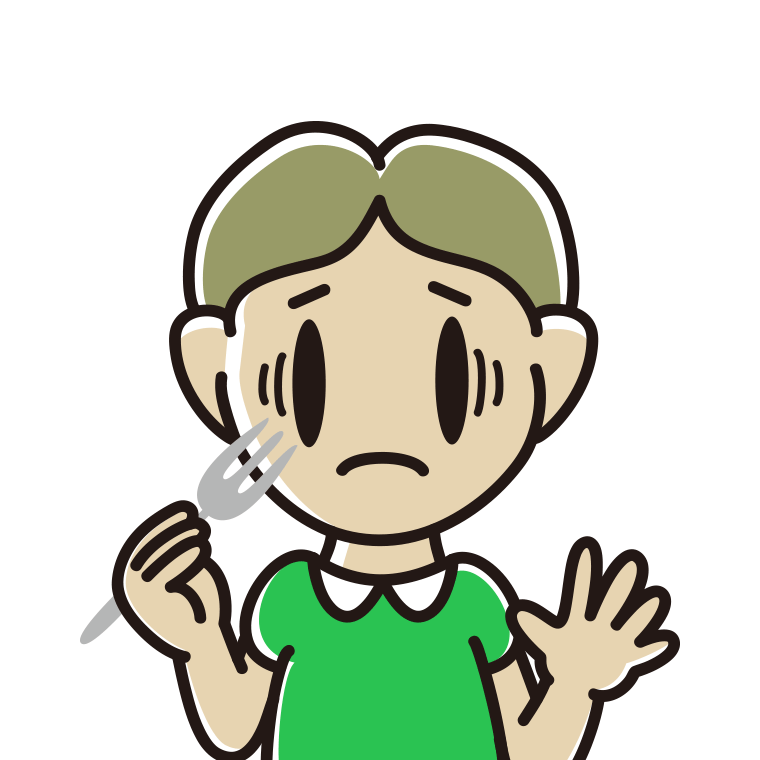 フォークで困る小学生男子のイラスト【色あり、背景なし】透過PNG