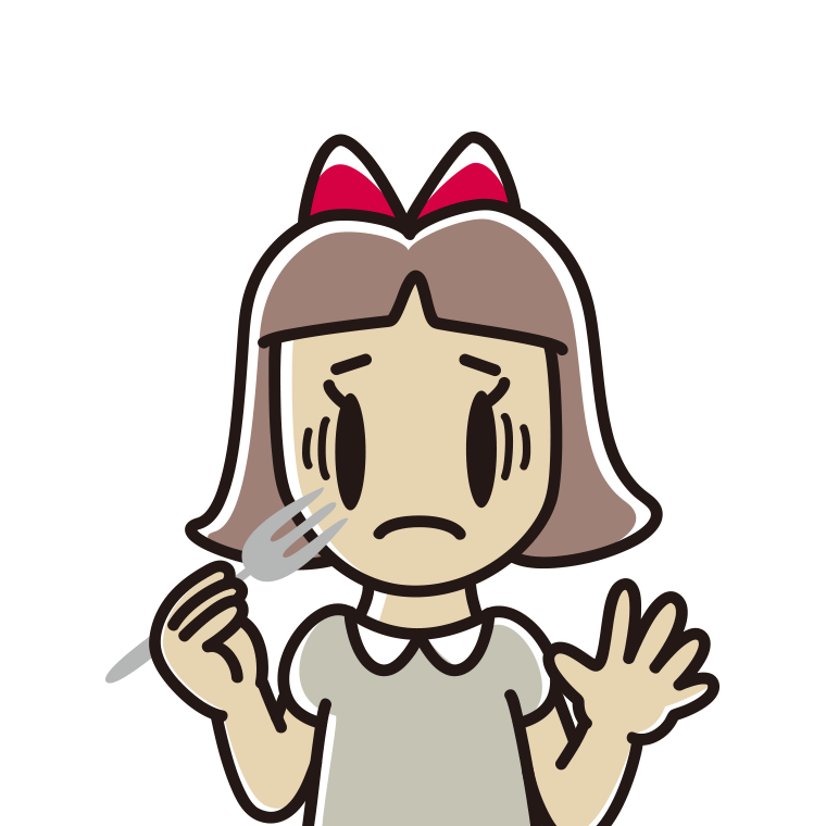 フォークで困る小学生女子のイラスト【色あり、背景なし】透過PNG