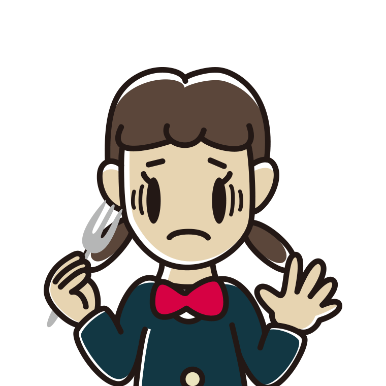 フォークで困る女子中学生のイラスト【色あり、背景なし】透過PNG