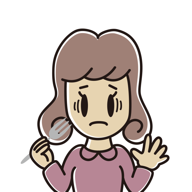 フォークで困る女子大学生のイラスト【色あり、背景なし】透過PNG