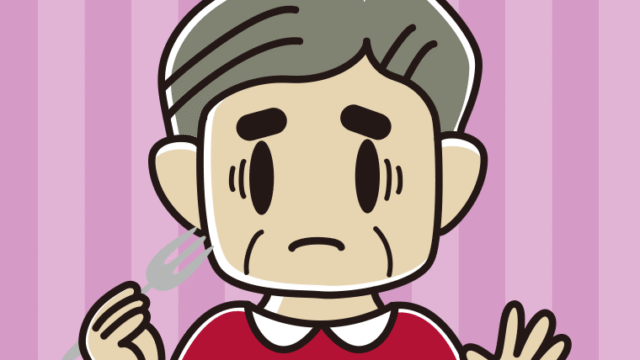 フォークで困るおじさんのイラスト【色、背景あり】PNG