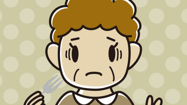 フォークで困るおばさんのイラスト【色、背景あり】PNG