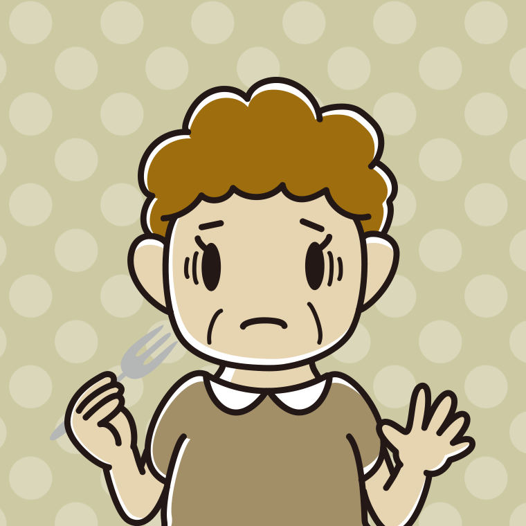 フォークで困るおばさんのイラスト【色、背景あり】PNG